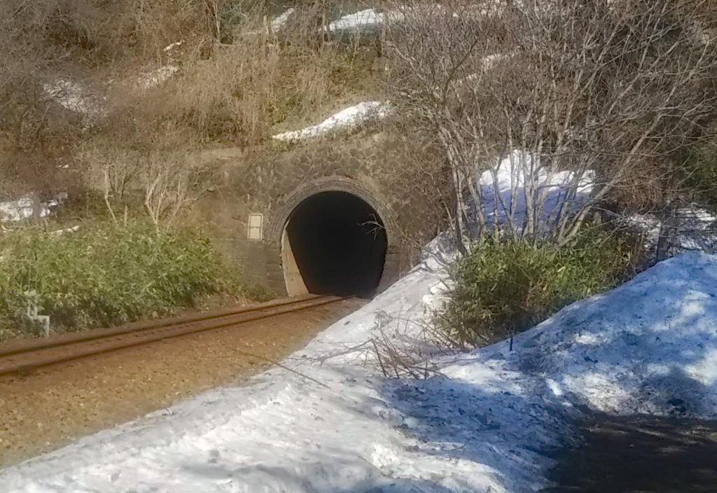 「蘭島トンネル」このほか塩谷地区を周辺に開設当時の旧状を保ったトンネルが現存する。今回の対象区域で最初に機関車が通過したポイントの一つ。